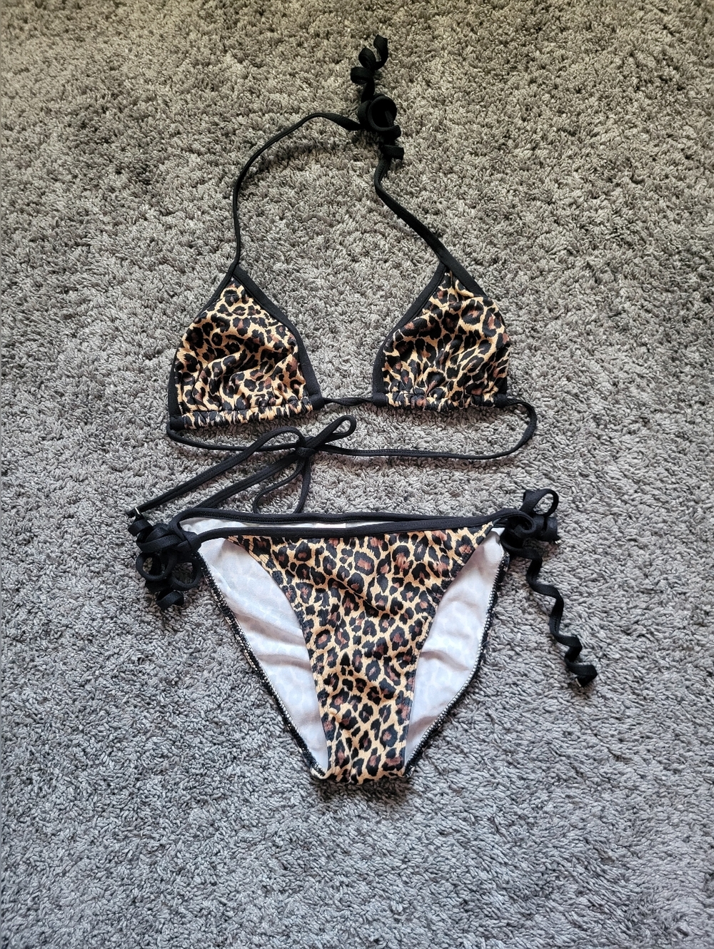 Leopard Print Triangle Bikini Set - Black Trim Size Medium